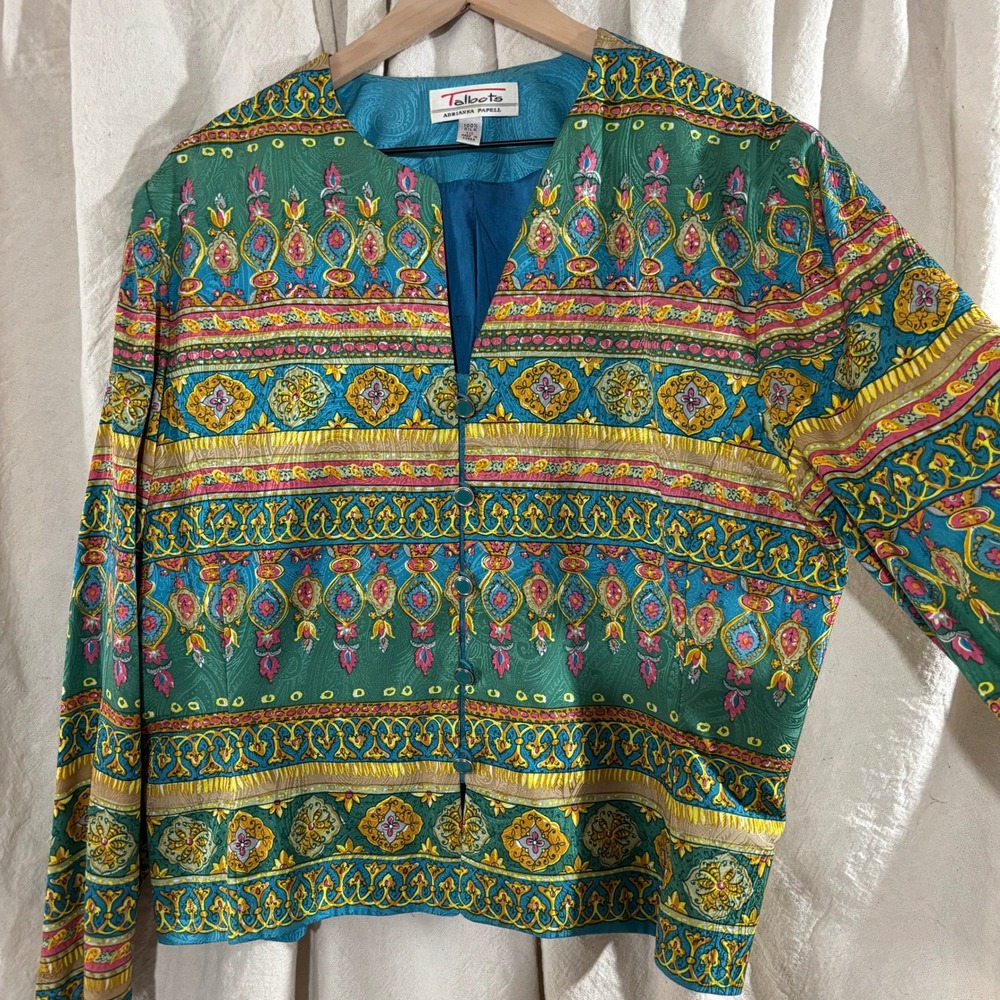 Vintage Talbots Adrianna Papell 100% Silk Paisley Print Button Front Blouse 16